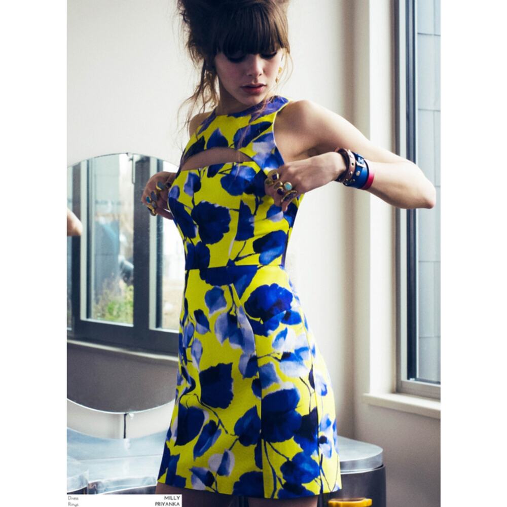 Milly Size 0 Ivy Print on Silk Cotton Faille Cut-Out Mini Dress in Lemon floral